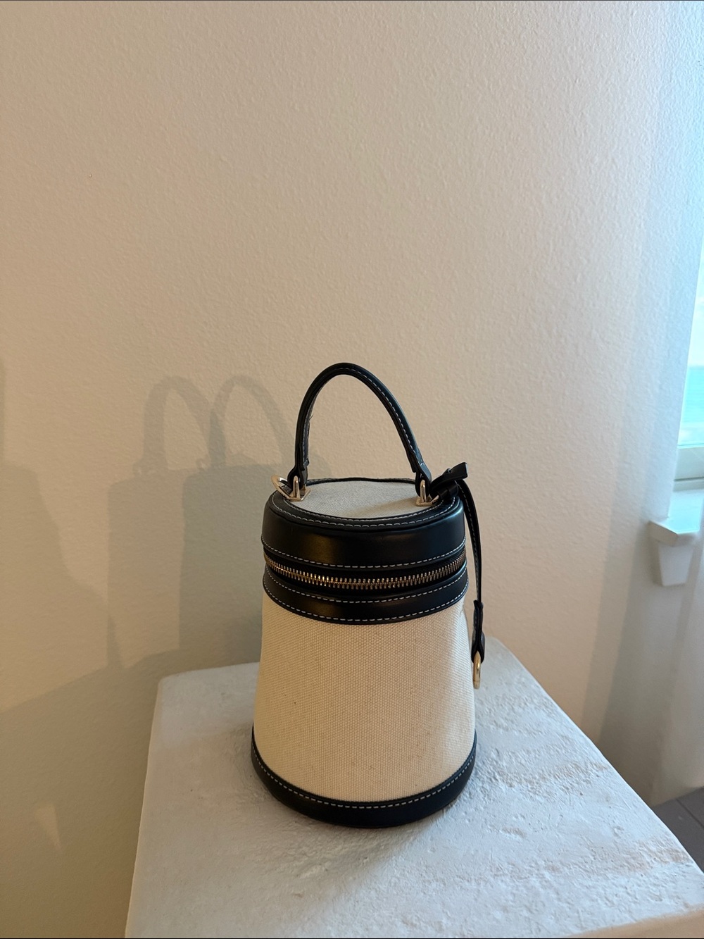 ZARA Canvas Bucket Handle Bag in Cream and Navy Black Crossbody